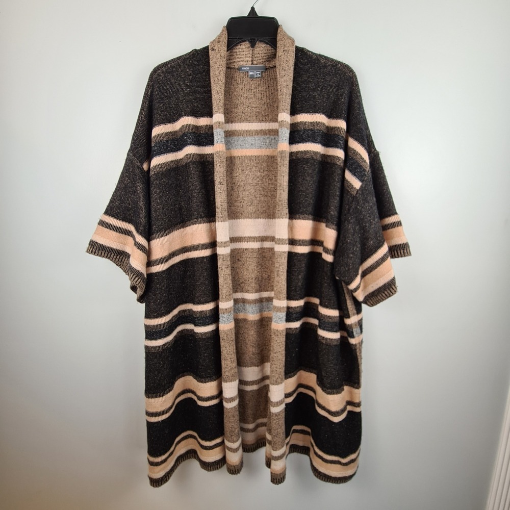 Vince Wool Cashmere Striped Open Front Cardigan Shawl Collar M/L Black Tan